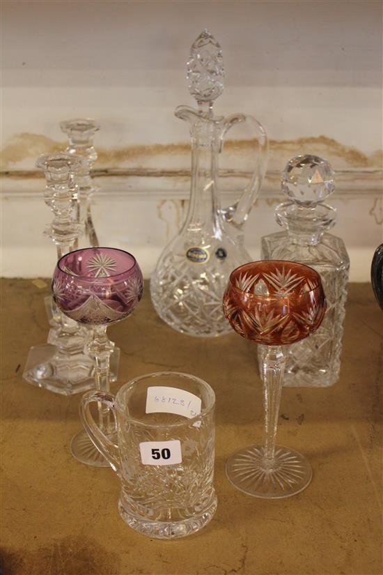 Glassware - claret jug, two decanters, pair candlesticks, tankard and two hock glasses